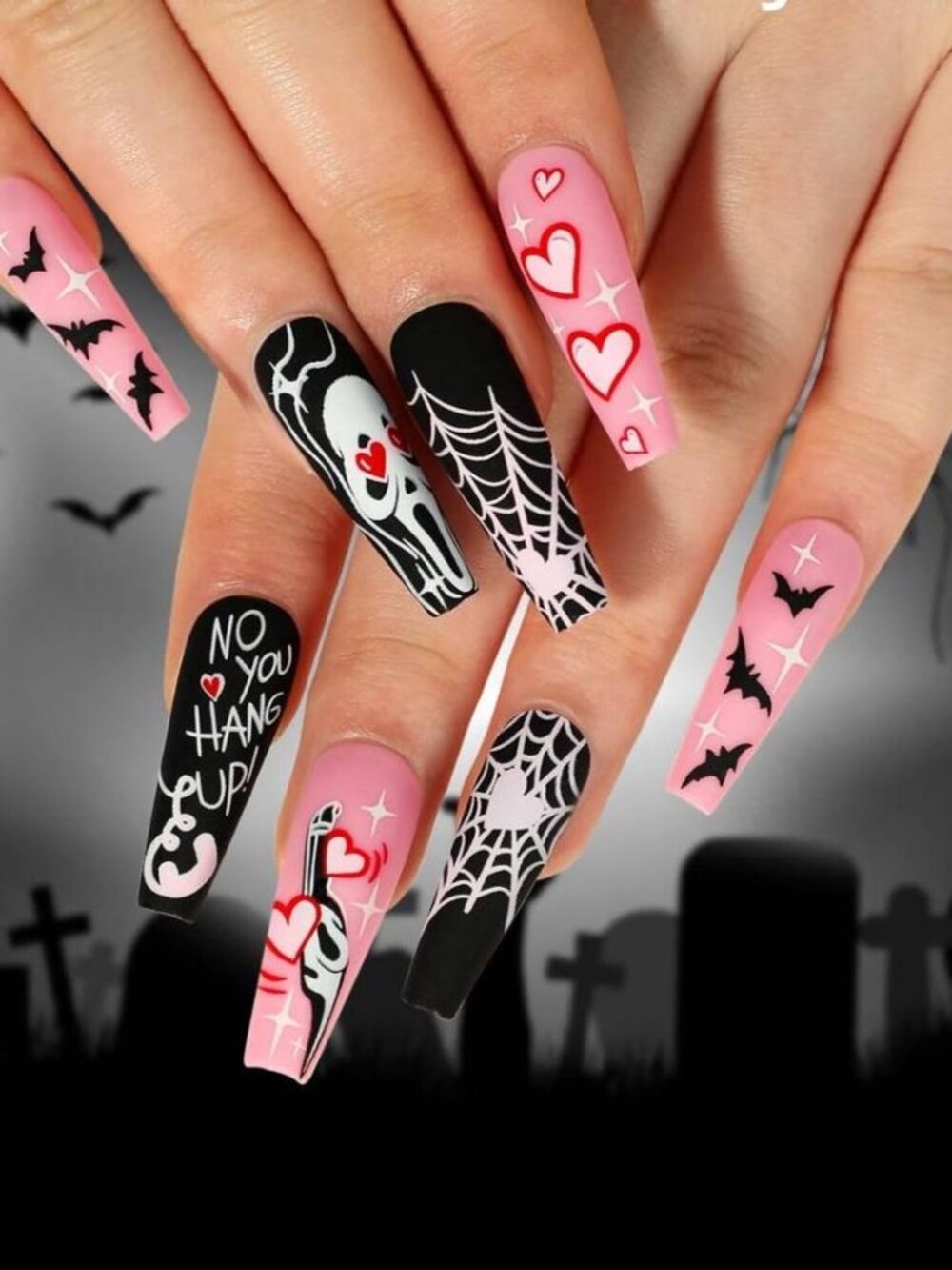 Press On Nails Pink Black Halloween Long Coffin Fake Nails 24 Piece Set